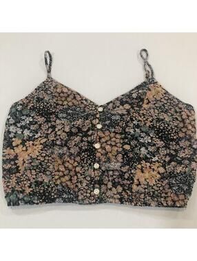 American Eagle XS Floral Button Front Cropped Cami Cotton Linen Tank Top Boho